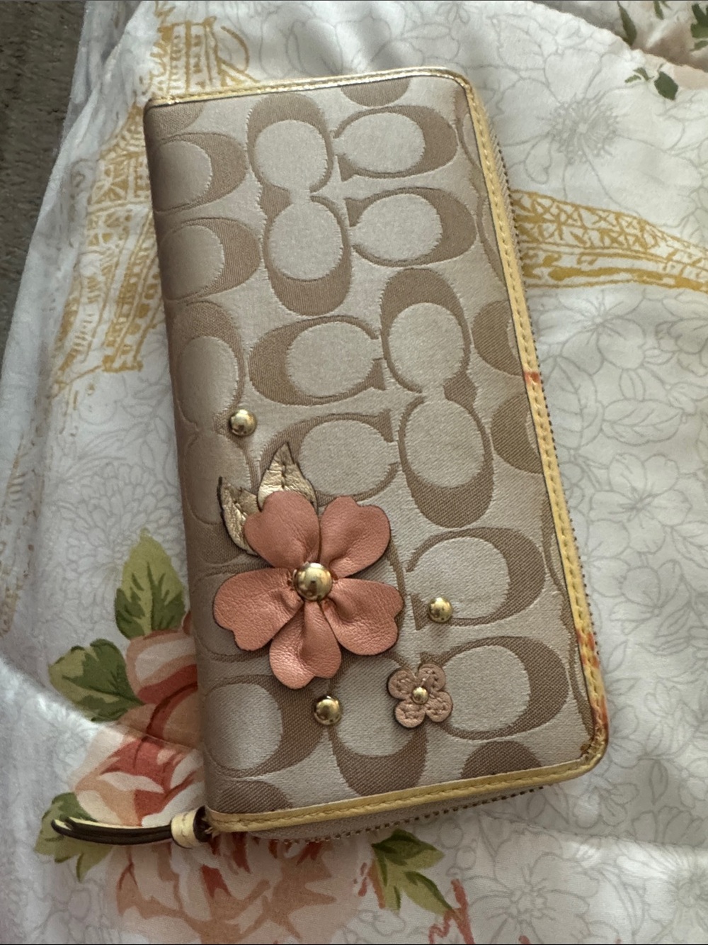 Coach Taupe Signature Wallet with Pink Floral Appliqué